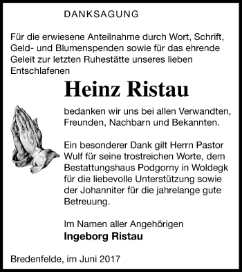 Traueranzeige von Heinz Ristau von Strelitzer Zeitung