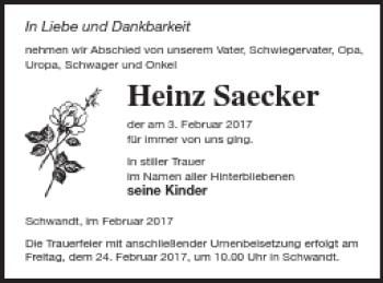 Traueranzeige von Heinz Saecker von Neubrandenburger Zeitung