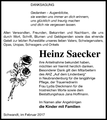 Traueranzeige von Heinz Saecker von Neubrandenburger Zeitung