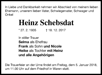Traueranzeige von Heinz Schebsdat von Müritz-Zeitung