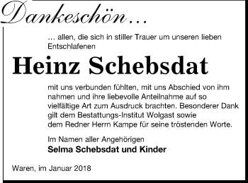 Traueranzeige von Heinz Schebsdat von Müritz-Zeitung
