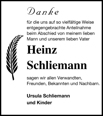 Traueranzeige von Heinz Schliemann von Mecklenburger Schweiz