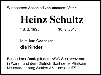 Traueranzeige von Heinz Schultz von Müritz-Zeitung
