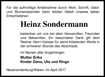 Traueranzeige von Heinz Sondermann von Müritz-Zeitung
