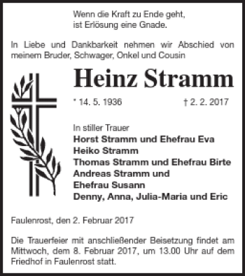 Traueranzeige von Heinz Stramm von Mecklenburger Schweiz