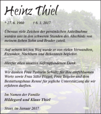 Traueranzeige von Heinz Thiel von Müritz-Zeitung