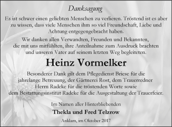 Traueranzeige von Heinz Vormelker von Vorpommern Kurier