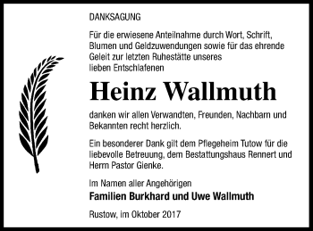 Traueranzeige von Heinz Wallmuth von Vorpommern Kurier