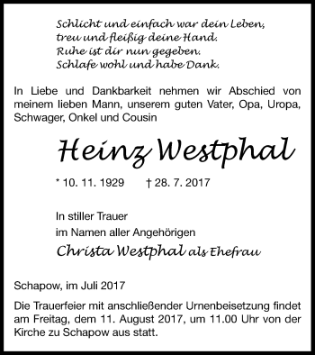 Traueranzeige von Heinz Westphal von Prenzlauer Zeitung