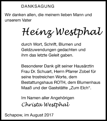 Traueranzeige von Heinz Westphal von Prenzlauer Zeitung