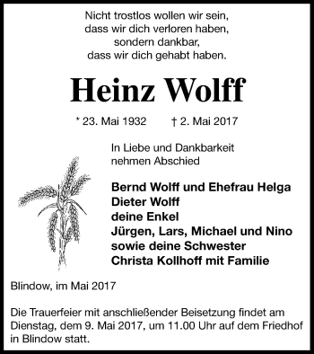 Traueranzeige von Heinz Wolff von Prenzlauer Zeitung