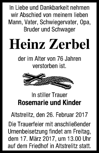 Traueranzeige von Heinz Zerbel von Strelitzer Zeitung