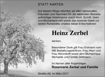 Traueranzeige von Heinz Zerbel von Strelitzer Zeitung