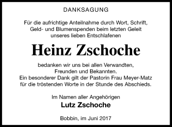 Traueranzeige von Heinz Zschoche von Mecklenburger Schweiz