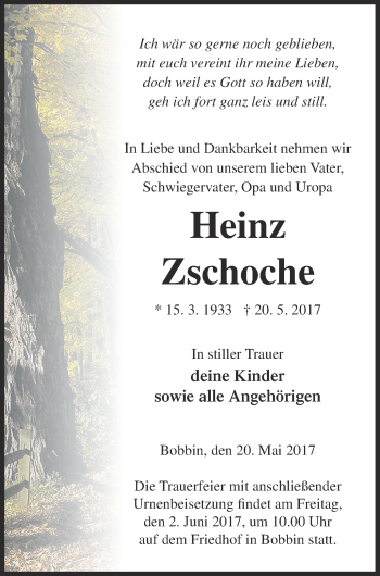 Traueranzeige von Heinz Zschoche von Mecklenburger Schweiz