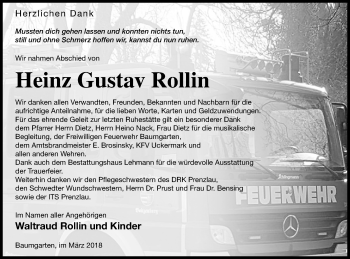 Traueranzeige von Heinz Gustav Rollin von Prenzlauer Zeitung