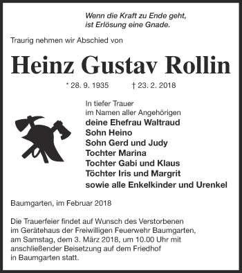 Traueranzeige von Heinz Gustav Rollin von Prenzlauer Zeitung