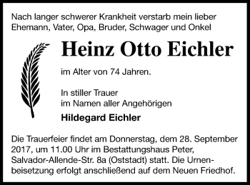 Traueranzeige von Heinz Otto Eichler von Neubrandenburger Zeitung