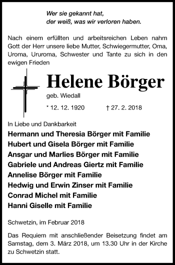 Traueranzeige von Helene Börger von Mecklenburger Schweiz