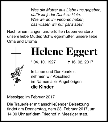 Traueranzeige von Helene Eggert von Demminer Zeitung