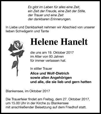 Traueranzeige von Helene Hanelt von Templiner Zeitung