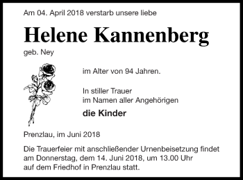 Traueranzeige von Helene Kannenberg von Prenzlauer Zeitung