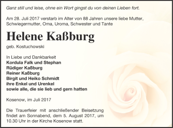 Traueranzeige von Helene Kaßburg von Vorpommern Kurier