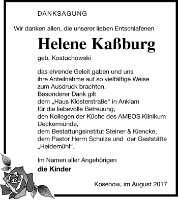 Traueranzeige von Helene Kaßburg von Vorpommern Kurier