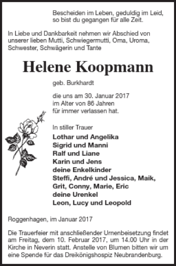 Traueranzeige von Helene Koopniann von Neubrandenburger Zeitung