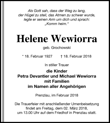 Traueranzeige von Helene Wewiorra von Prenzlauer Zeitung