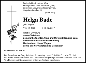 Traueranzeige von Helga Bade von Haff-Zeitung