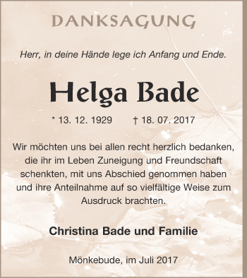 Traueranzeige von Helga Bade von Haff-Zeitung