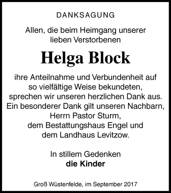 Traueranzeige von Helga Block von Mecklenburger Schweiz