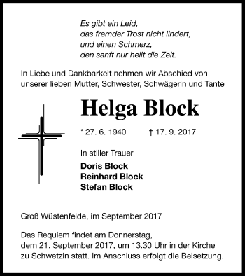 Traueranzeige von Helga Block von Mecklenburger Schweiz