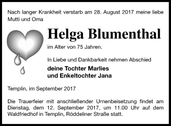 Traueranzeige von Helga Blumenthal von Templiner Zeitung