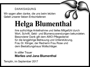 Traueranzeige von Helga Blumenthal von Templiner Zeitung