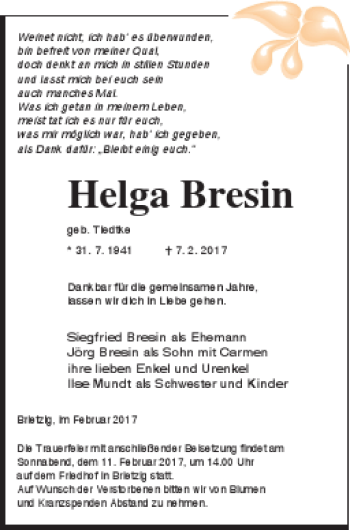 Traueranzeige von Helga Bresin von Pasewalker Zeitung