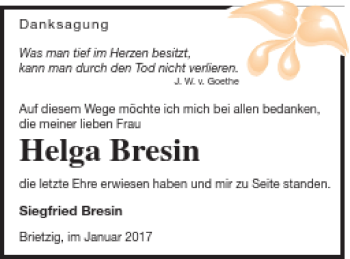 Traueranzeige von Helga Bresin von Pasewalker Zeitung