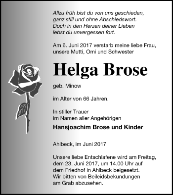 Traueranzeige von Helga Brose von Haff-Zeitung