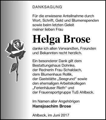 Traueranzeige von Helga Brose von Haff-Zeitung