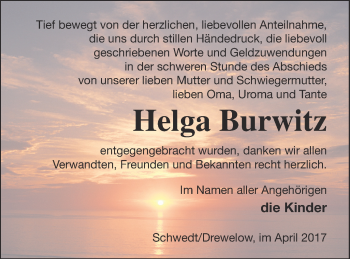 Traueranzeige von Helga Burwitz von Vorpommern Kurier