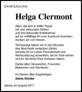 Traueranzeige von Helga Clermont von Müritz-Zeitung