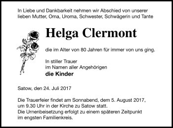 Traueranzeige von Helga Clermont von Müritz-Zeitung