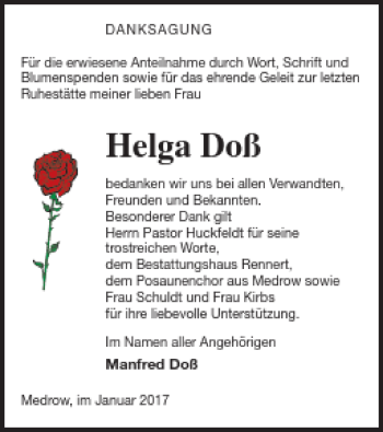 Traueranzeige von Helga Doß von Demminer Zeitung