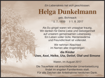 Traueranzeige von Helga Dunkelmann von Müritz-Zeitung