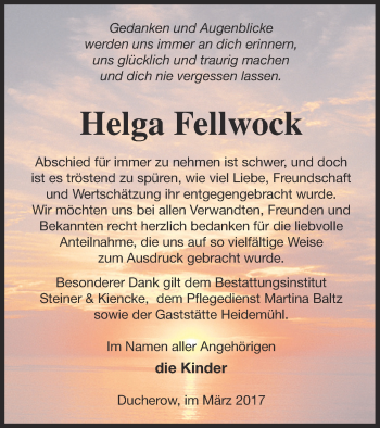 Traueranzeige von Helga Fellwock von Vorpommern Kurier