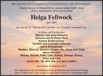 Traueranzeige von Helga Fellwock von Vorpommern Kurier