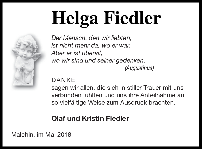  Traueranzeige für Helga Fiedler vom 08.06.2018 aus Mecklenburger Schweiz