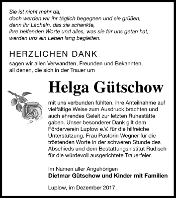 Traueranzeige von Helga Gütschow von Mecklenburger Schweiz