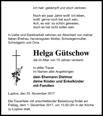 Traueranzeige von Helga Gütschow von Neubrandenburger Zeitung